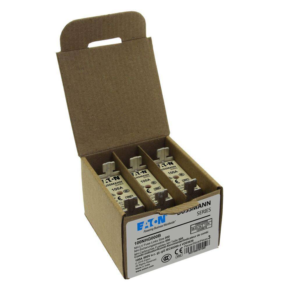 EATON Bussmann Edison 100NHG000B Size 000 Dual Indicator NH Fuse Link, 500 V, 100 A, For Use With Bussmann NH Size Photovoltaic Fuse, Class C gG/gL Fuse, Ceramic