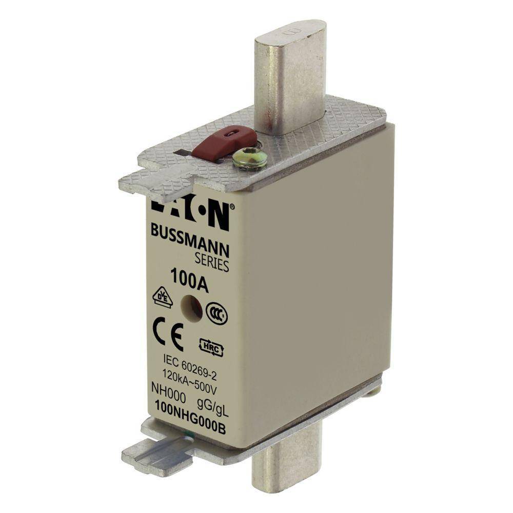 EATON Bussmann Edison 100NHG000B Size 000 Dual Indicator NH Fuse Link, 500 V, 100 A, For Use With Bussmann NH Size Photovoltaic Fuse, Class C gG/gL Fuse, Ceramic