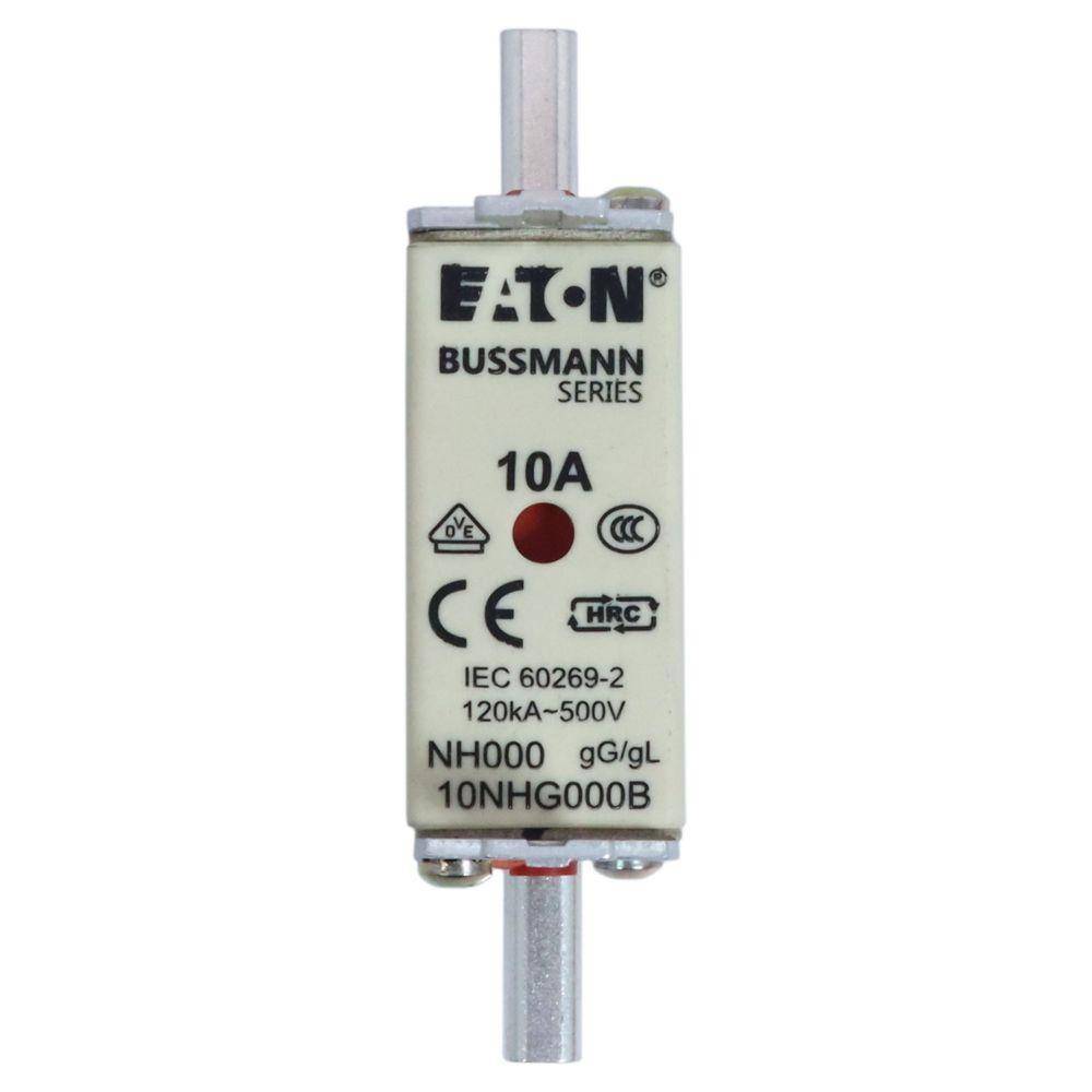 Edison 10NHG000B Size 000 Class gG/gL Dual Indicator NH Fuse Link With Metal Gripping Lugs, 500 VAC/250 VDC, 10 A, For Use With Bussmann NH Size Photovoltaic Fuse, Ceramic