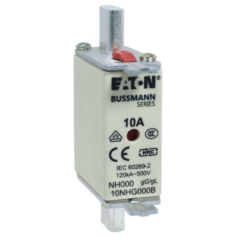 Edison 10NHG000B Size 000 Class gG/gL Dual Indicator NH Fuse Link With Metal Gripping Lugs, 500 VAC/250 VDC, 10 A, For Use With Bussmann NH Size Photovoltaic Fuse, Ceramic
