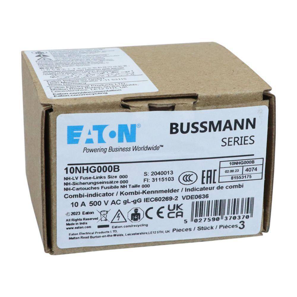 Edison 10NHG000B Size 000 Class gG/gL Dual Indicator NH Fuse Link With Metal Gripping Lugs, 500 VAC/250 VDC, 10 A, For Use With Bussmann NH Size Photovoltaic Fuse, Ceramic
