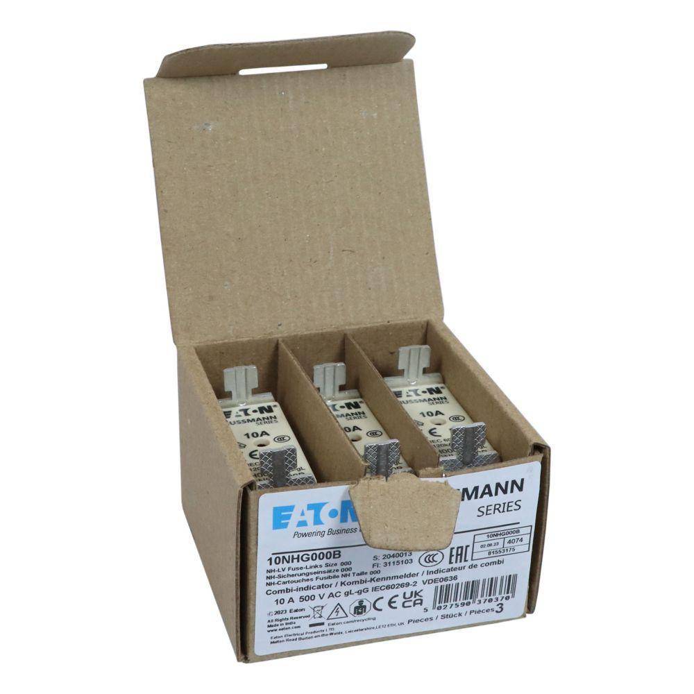 Edison 10NHG000B Size 000 Class gG/gL Dual Indicator NH Fuse Link With Metal Gripping Lugs, 500 VAC/250 VDC, 10 A, For Use With Bussmann NH Size Photovoltaic Fuse, Ceramic