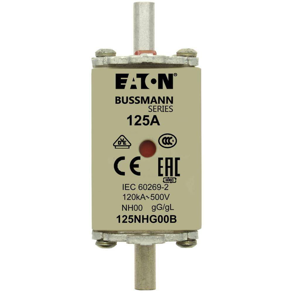 EATON Bussmann Edison 125NHG00B Size 00 Dual Indicator NH Fuse Link, 500 V, 125 A, For Use With Bussmann NH Size Photovoltaic Fuse, Class C gG/gL Fuse, Ceramic