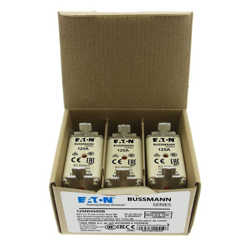 EATON Bussmann Edison 125NHG00B Size 00 Dual Indicator NH Fuse Link, 500 V, 125 A, For Use With Bussmann NH Size Photovoltaic Fuse, Class C gG/gL Fuse, Ceramic