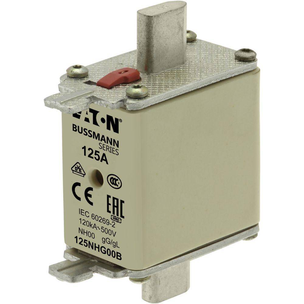 EATON Bussmann Edison 125NHG00B Size 00 Dual Indicator NH Fuse Link, 500 V, 125 A, For Use With Bussmann NH Size Photovoltaic Fuse, Class C gG/gL Fuse, Ceramic