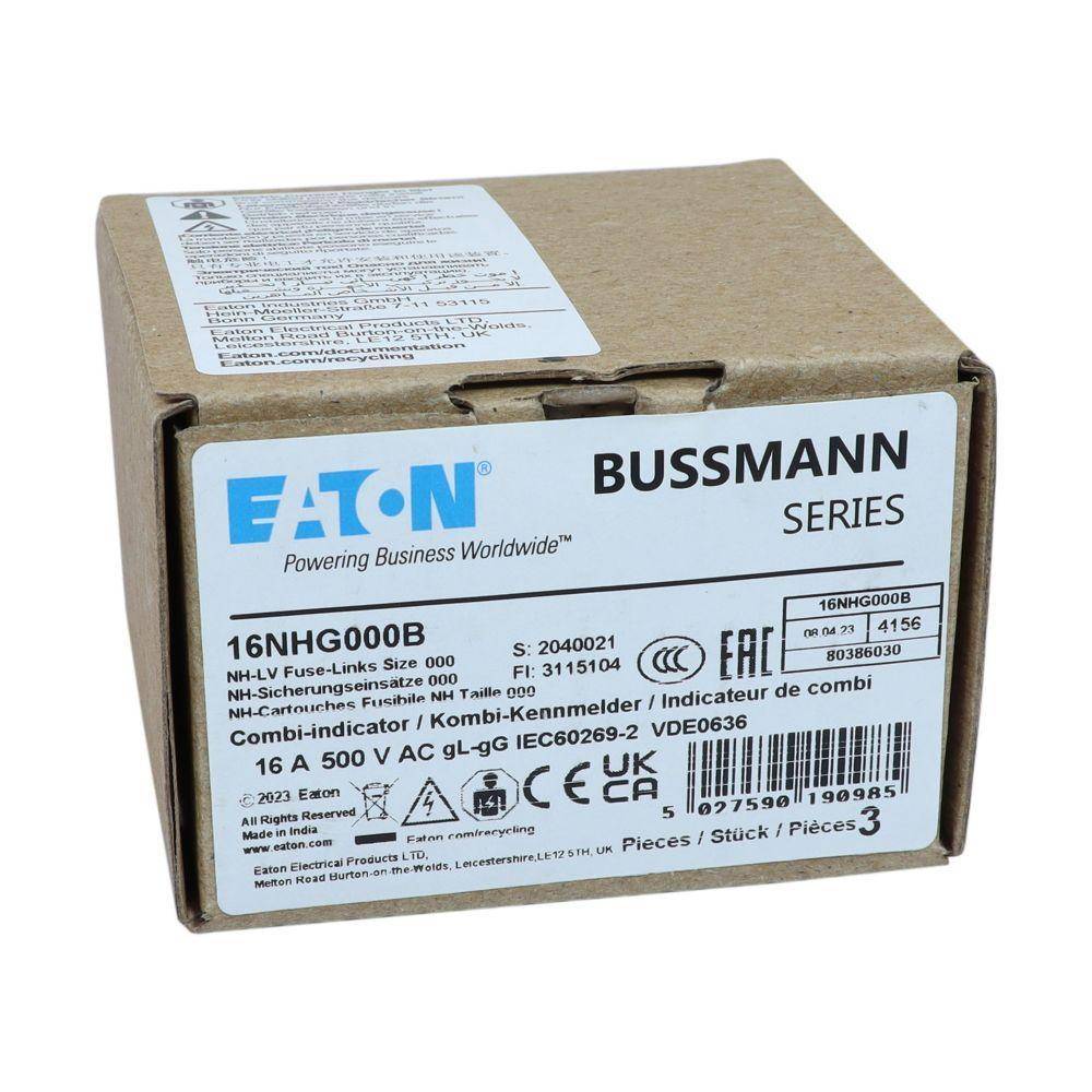 Edison Bussmann 16NHG000B Size 000 Dual Indicator NH Fuse Link, 500 V, 16 A, For Use With Bussmann NH Size Photovoltaic Fuse, Class C gG/gL Fuse, Ceramic