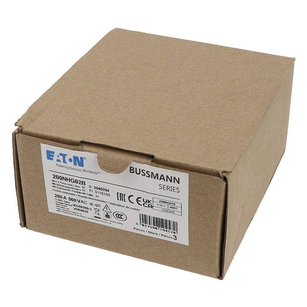 EATON Bussmann Edison 200NHG02B Size 02 Dual Indicator NH Fuse Link, 500 V, 200 A, For Use With Bussmann NH Size Photovoltaic Fuse, Class C gG/gL Fuse, Ceramic