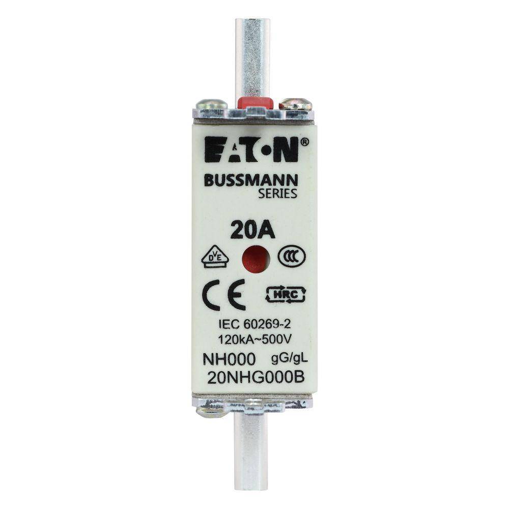 Edison Bussmann 20NHG000B Size 000 Dual Indicator NH Fuse Link, 500 V, 20 A, For Use With Bussmann NH Size Photovoltaic Fuse, Class C gG/gL Fuse, Ceramic