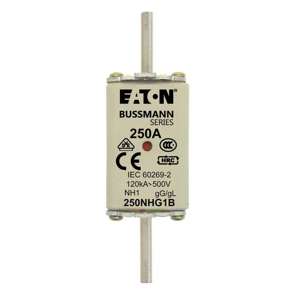 EATON Bussmann Edison 250NHG1B Size 1 Dual Indicator NH Fuse Link, 500 V, 250 A, For Use With Bussmann NH Size Photovoltaic Fuse, Class C gG/gL Fuse, Ceramic