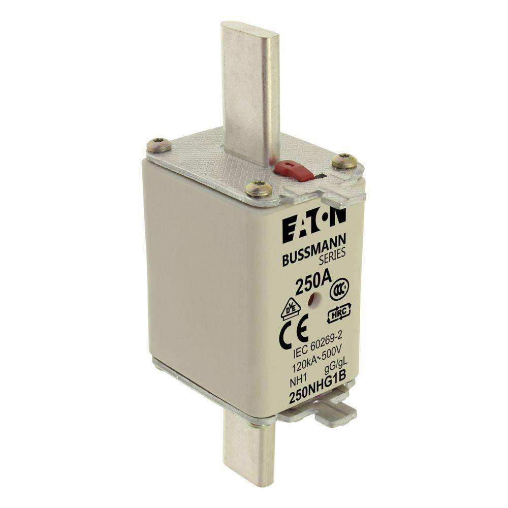 EATON Bussmann Edison 250NHG1B Size 1 Dual Indicator NH Fuse Link, 500 V, 250 A, For Use With Bussmann NH Size Photovoltaic Fuse, Class C gG/gL Fuse, Ceramic