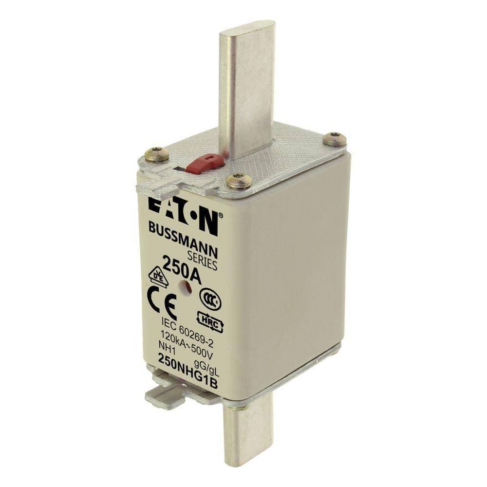 EATON Bussmann Edison 250NHG1B Size 1 Dual Indicator NH Fuse Link, 500 V, 250 A, For Use With Bussmann NH Size Photovoltaic Fuse, Class C gG/gL Fuse, Ceramic