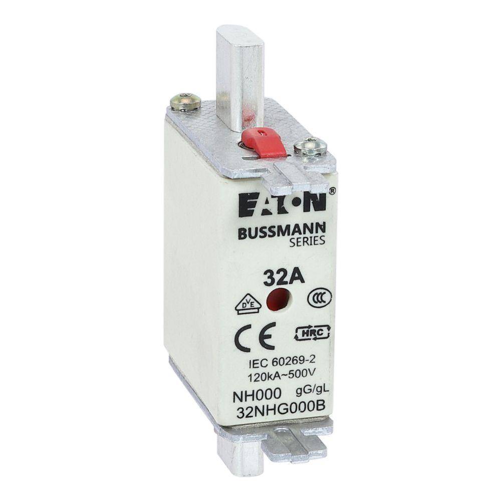 Edison Bussmann 32NHG000B Size 000 Dual Indicator NH Fuse Link, 500 V, 32 A, For Use With Bussmann NH Size Photovoltaic Fuse, Class C gG/gL Fuse, Ceramic