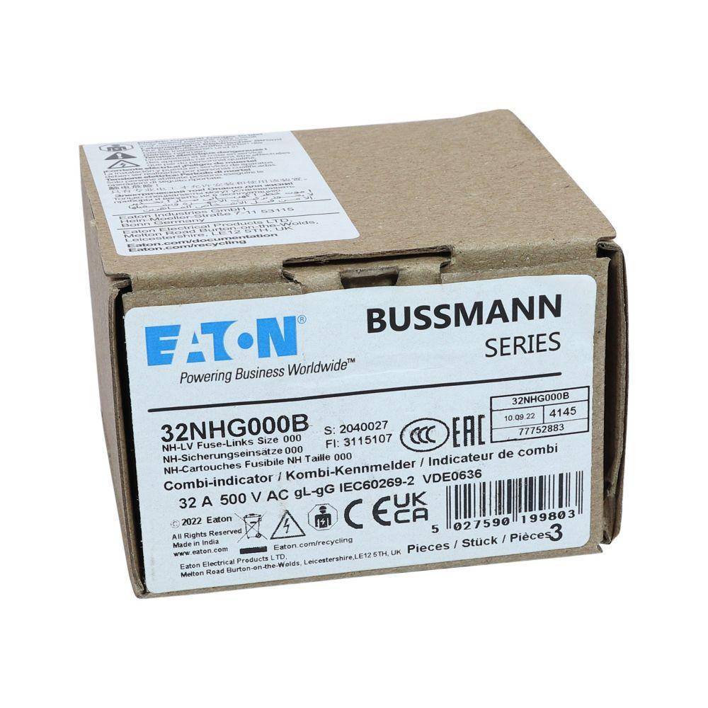Edison Bussmann 32NHG000B Size 000 Dual Indicator NH Fuse Link, 500 V, 32 A, For Use With Bussmann NH Size Photovoltaic Fuse, Class C gG/gL Fuse, Ceramic