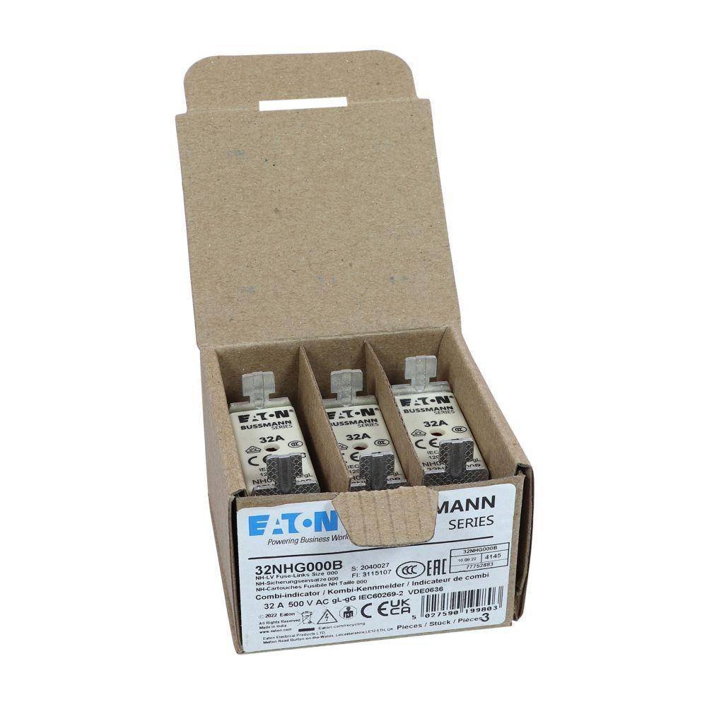 Edison Bussmann 32NHG000B Size 000 Dual Indicator NH Fuse Link, 500 V, 32 A, For Use With Bussmann NH Size Photovoltaic Fuse, Class C gG/gL Fuse, Ceramic