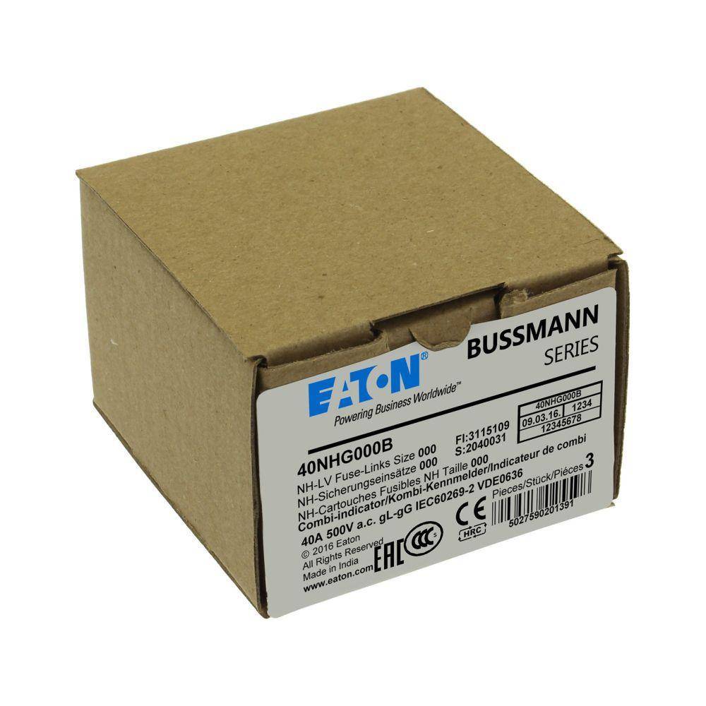 Edison Bussmann 40NHG000B Size 000 Dual Indicator NH Fuse Link, 500 V, 40 A, For Use With Bussmann NH Size Photovoltaic Fuse, Class C gG/gL Fuse, Ceramic