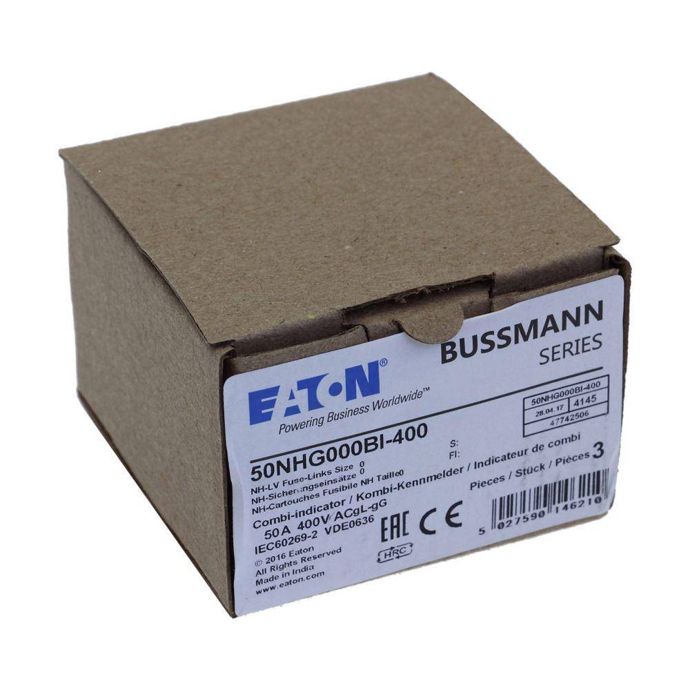 Bussmann 50NHG000BI-400 Size 000 Dual Indicator Low Voltage NH Fuse Link, 400 V, 50 A, For Use With Class C gG/gL Fuse, Ceramic