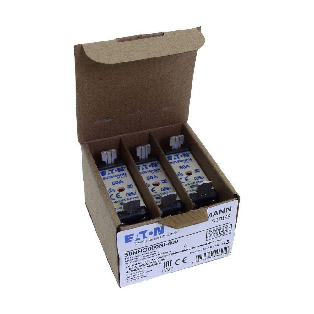 Bussmann 50NHG000BI-400 Size 000 Dual Indicator Low Voltage NH Fuse Link, 400 V, 50 A, For Use With Class C gG/gL Fuse, Ceramic