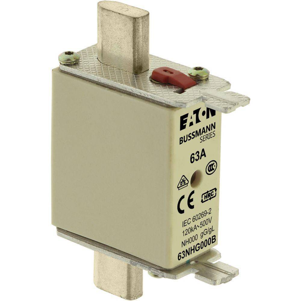 EATON Bussmann Edison 63NHG000B Size 000 Dual Indicator NH Fuse Link, 500 V, 63 A, For Use With Bussmann NH Size Photovoltaic Fuse, Class C gG/gL Fuse, Ceramic