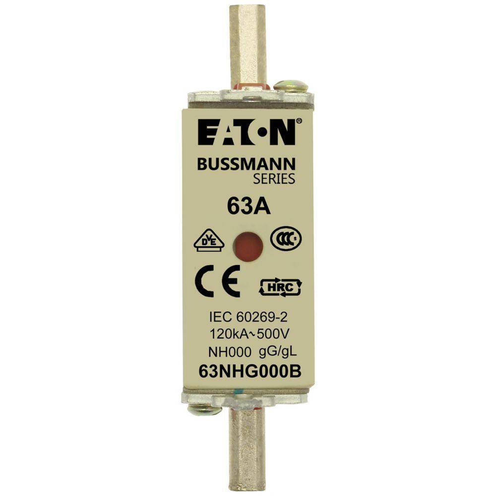 EATON Bussmann Edison 63NHG000B Size 000 Dual Indicator NH Fuse Link, 500 V, 63 A, For Use With Bussmann NH Size Photovoltaic Fuse, Class C gG/gL Fuse, Ceramic