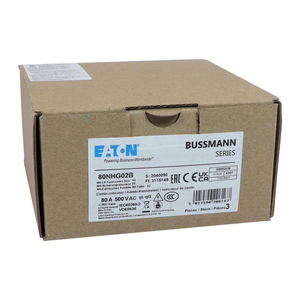 Edison 80NHG02B Fuse Link With Metal Gripping Lug, 500 VAC, 80 A
