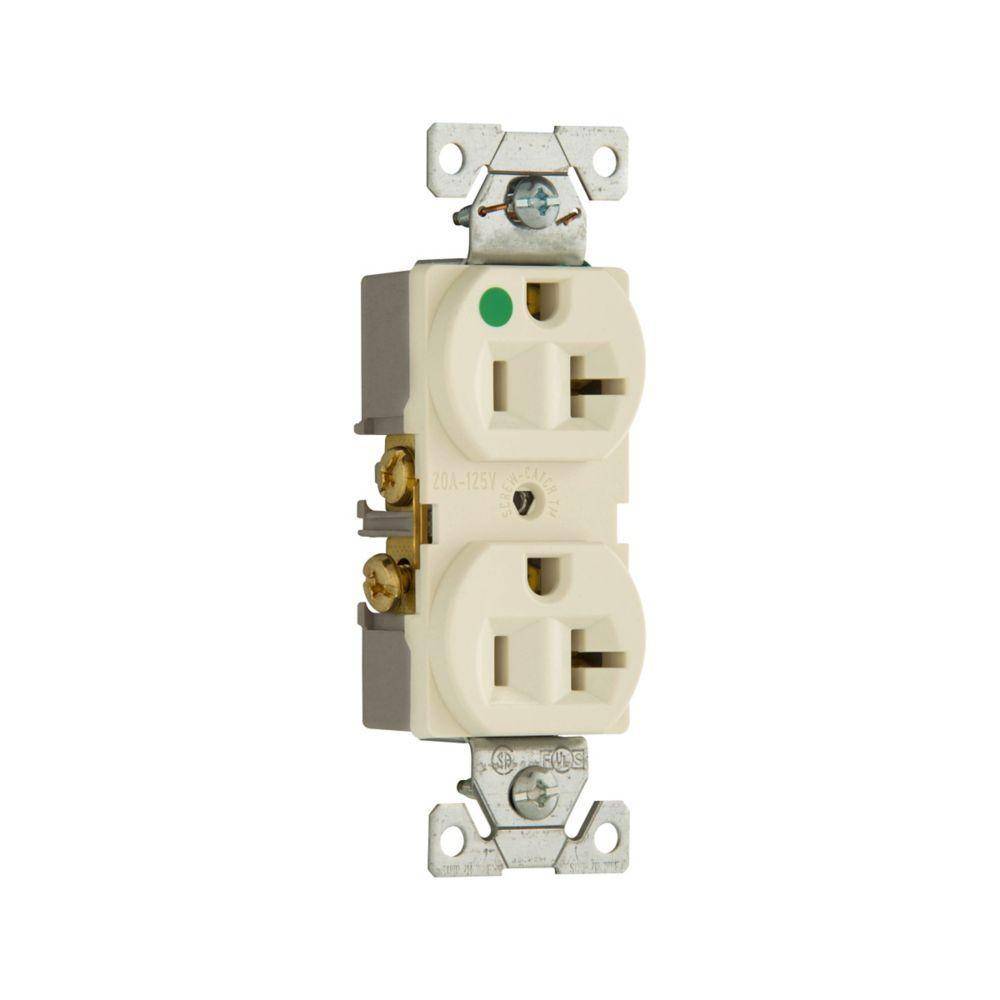 EATON Arrow Hart® 8300LA 8300 Duplex Grounding Straight Blade Receptacle, 125 VAC, 20 A, 2 Poles, 3 Wires, Light Almond