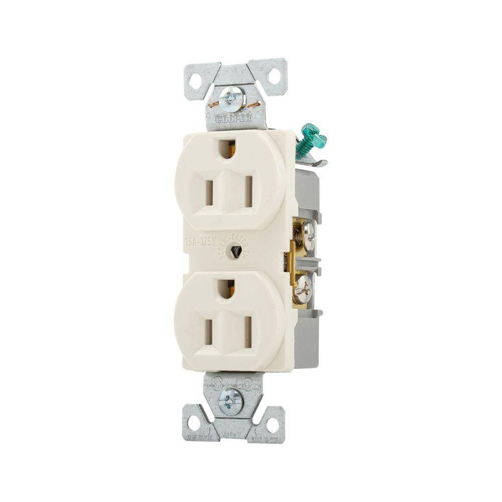 Eaton Wiring Devices Arrow Hart® Cooper Wiring Devices BR15LA Auto Grounding Duplex Straight Blade Receptacle, 125 VAC, 15 A, 2 Poles, 3 Wires, Light Almond