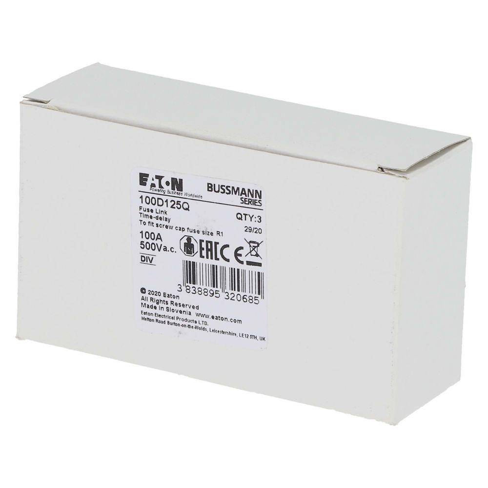 Bussmann 100D125Q Type D Size DIV Diazed Low Voltage Fast Acting Fuse, 100 A, 500 V, 50 kA Interrupt, Class: gR, Round Body