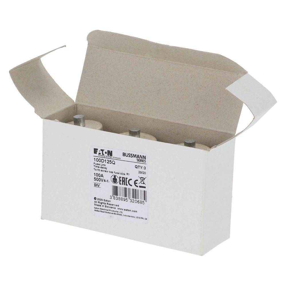 Bussmann 100D125Q Type D Size DIV Diazed Low Voltage Fast Acting Fuse, 100 A, 500 V, 50 kA Interrupt, Class: gR, Round Body