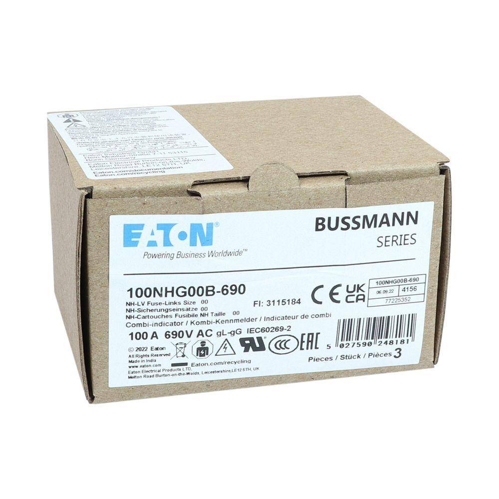 Bussmann 100NHG00B-690 Size 00 Dual Indicator Low Voltage NH Fuse Link, 690 V, 100 A, For Use With Class C gG/gL Fuse, Ceramic