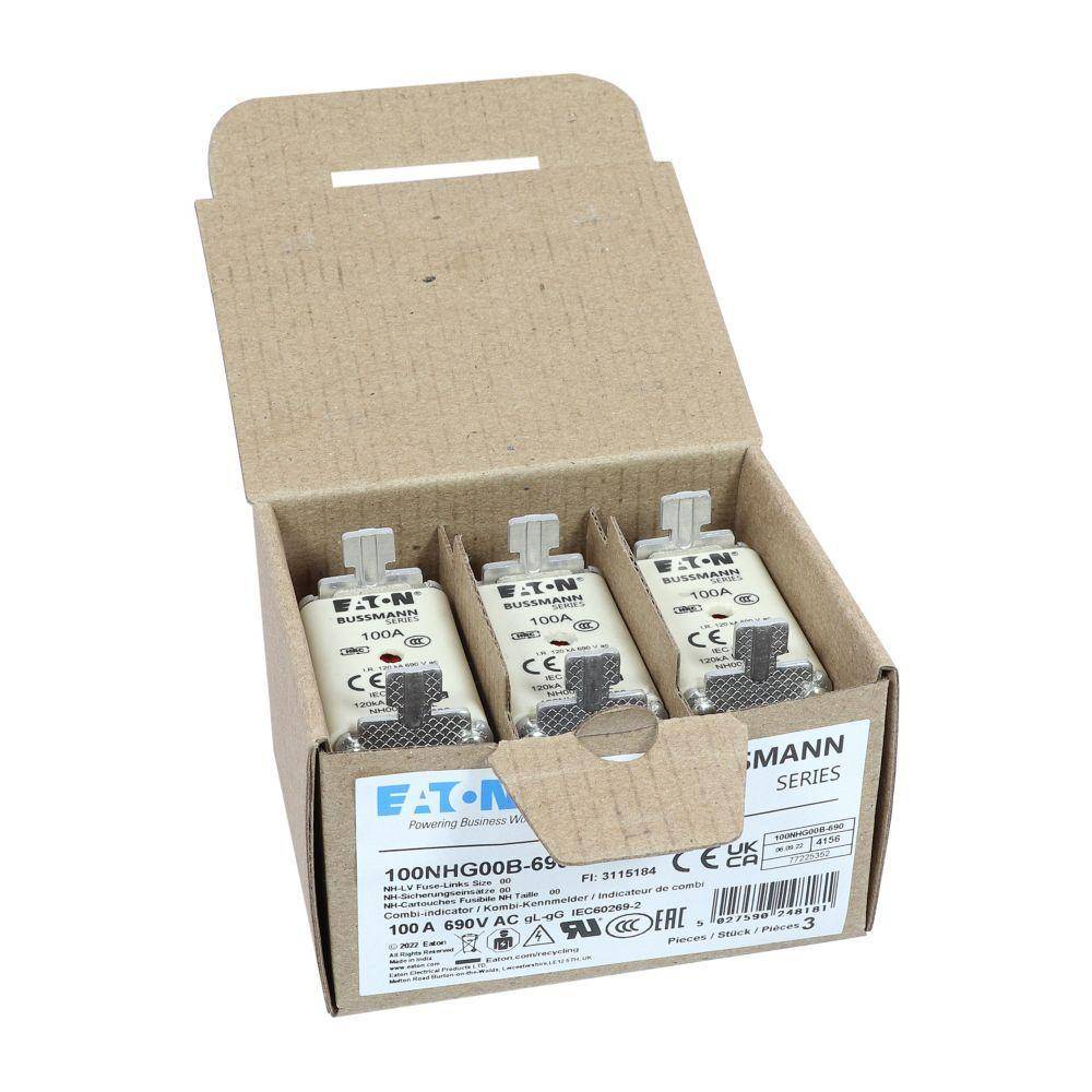 Bussmann 100NHG00B-690 Size 00 Dual Indicator Low Voltage NH Fuse Link, 690 V, 100 A, For Use With Class C gG/gL Fuse, Ceramic