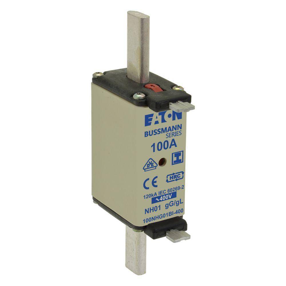 Bussmann 100NHG01BI-400 Size 01 Dual Indicator Low Voltage NH Fuse Link, 400 V, 100 A, For Use With Class C/gG/gL Fuse, Ceramic
