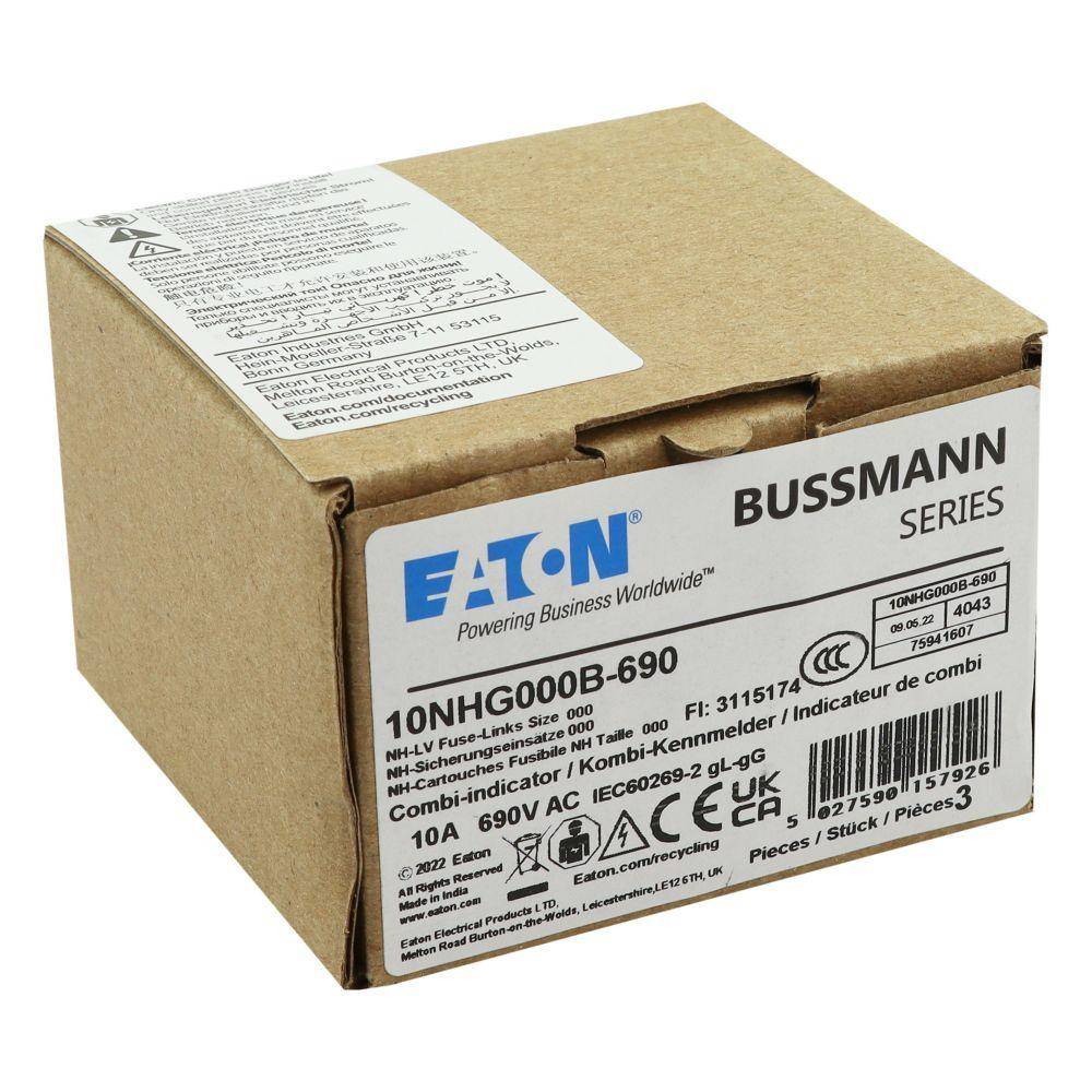 Bussmann 10NHG000B-690 Size 000 Dual Indicator Low Voltage NH Fuse Link, 690 V, 10 A, For Use With Class C gG/gL Fuse, Ceramic