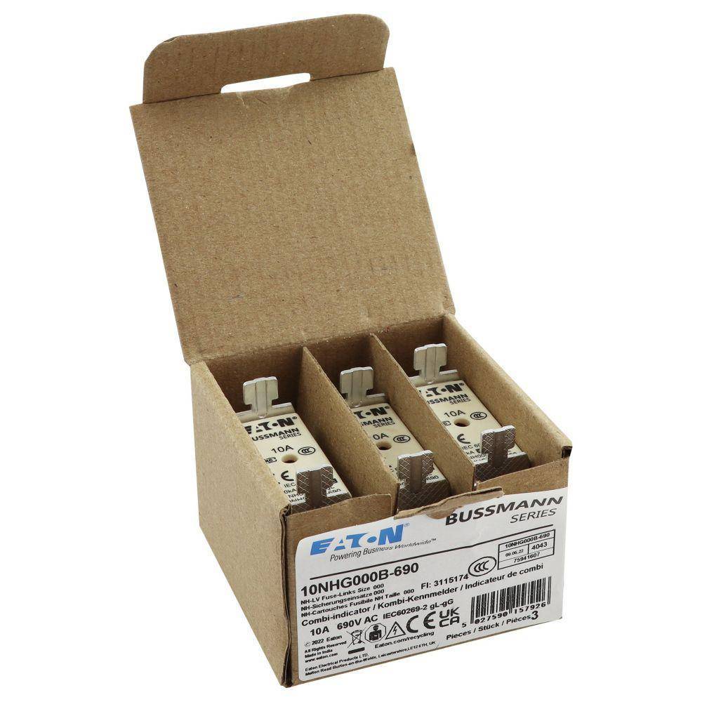 Bussmann 10NHG000B-690 Size 000 Dual Indicator Low Voltage NH Fuse Link, 690 V, 10 A, For Use With Class C gG/gL Fuse, Ceramic