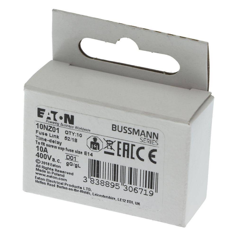 Edison 10NZ01 NZ Series Type D0 Low Voltage Time Delay Neozed Fuse, 10 A, 400 VAC, 100 kA Interrupt, Class: gG/gL, Cartridge Body