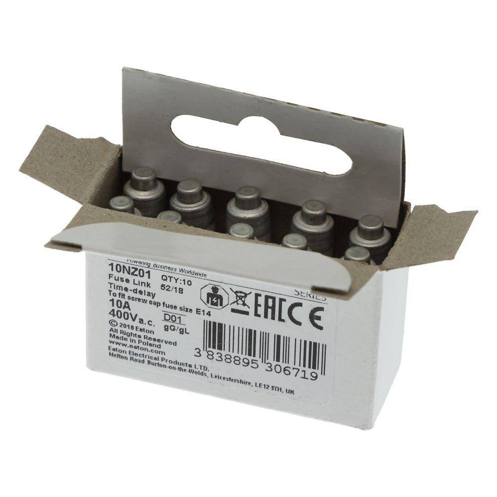 Edison 10NZ01 NZ Series Type D0 Low Voltage Time Delay Neozed Fuse, 10 A, 400 VAC, 100 kA Interrupt, Class: gG/gL, Cartridge Body