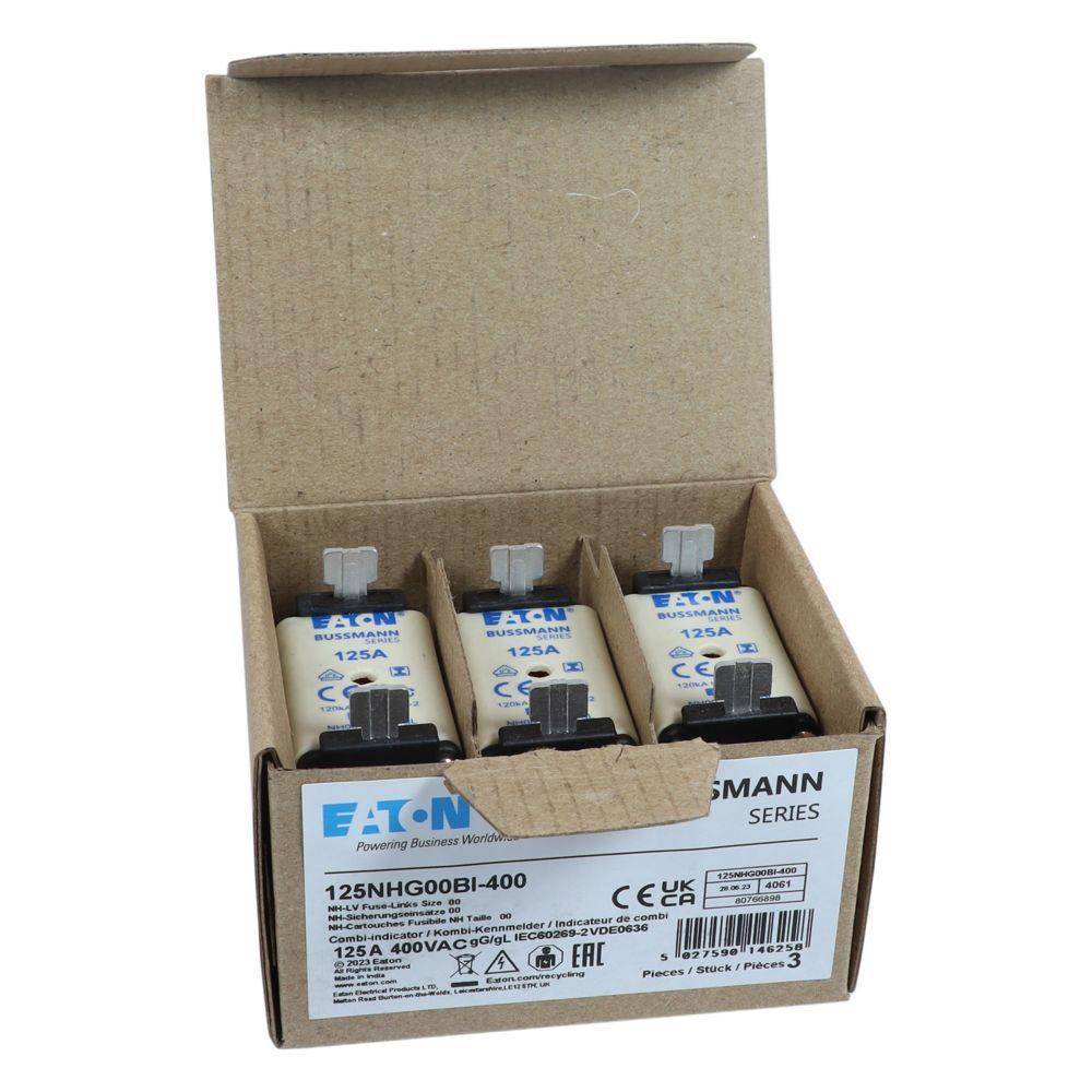 Bussmann 125NHG00BI-400 Size 00 Dual Indicator Low Voltage NH Fuse Link, 400 V, 125 A, For Use With Class C/gG/gL Fuse, Ceramic