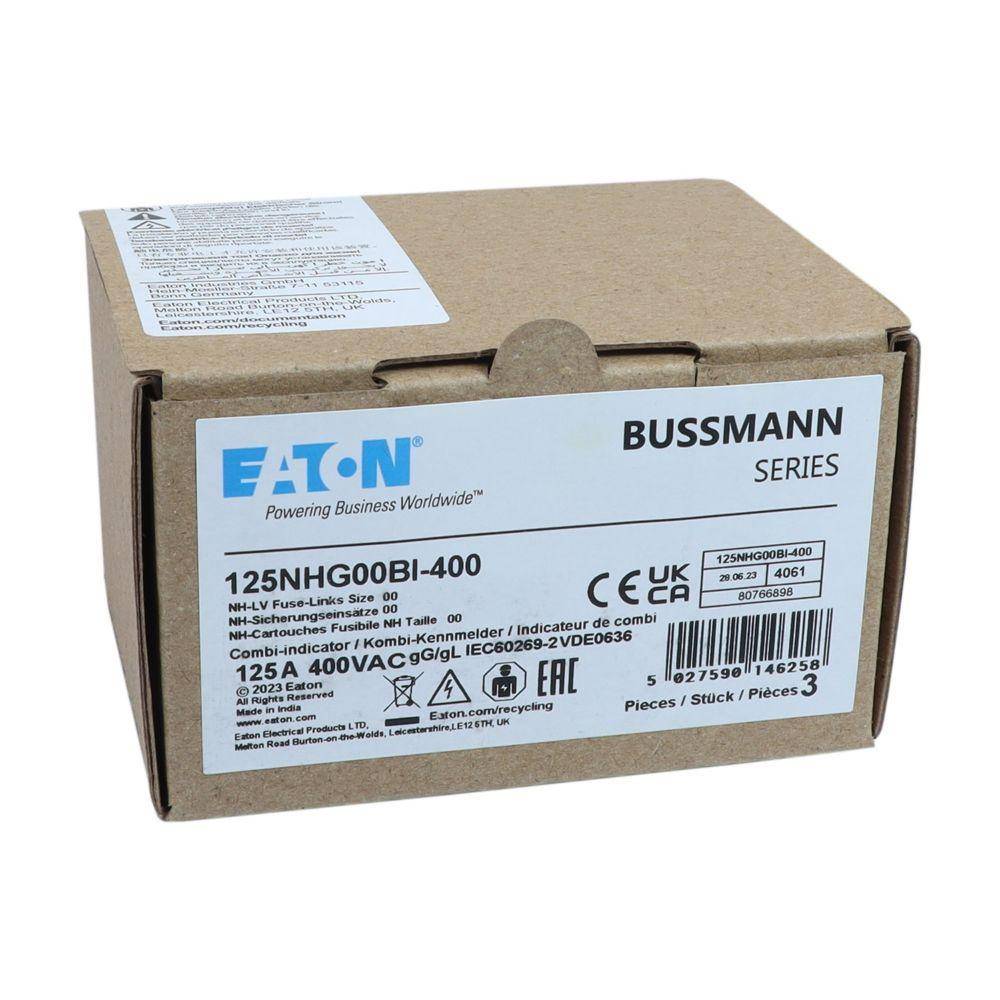 Bussmann 125NHG00BI-400 Size 00 Dual Indicator Low Voltage NH Fuse Link, 400 V, 125 A, For Use With Class C/gG/gL Fuse, Ceramic