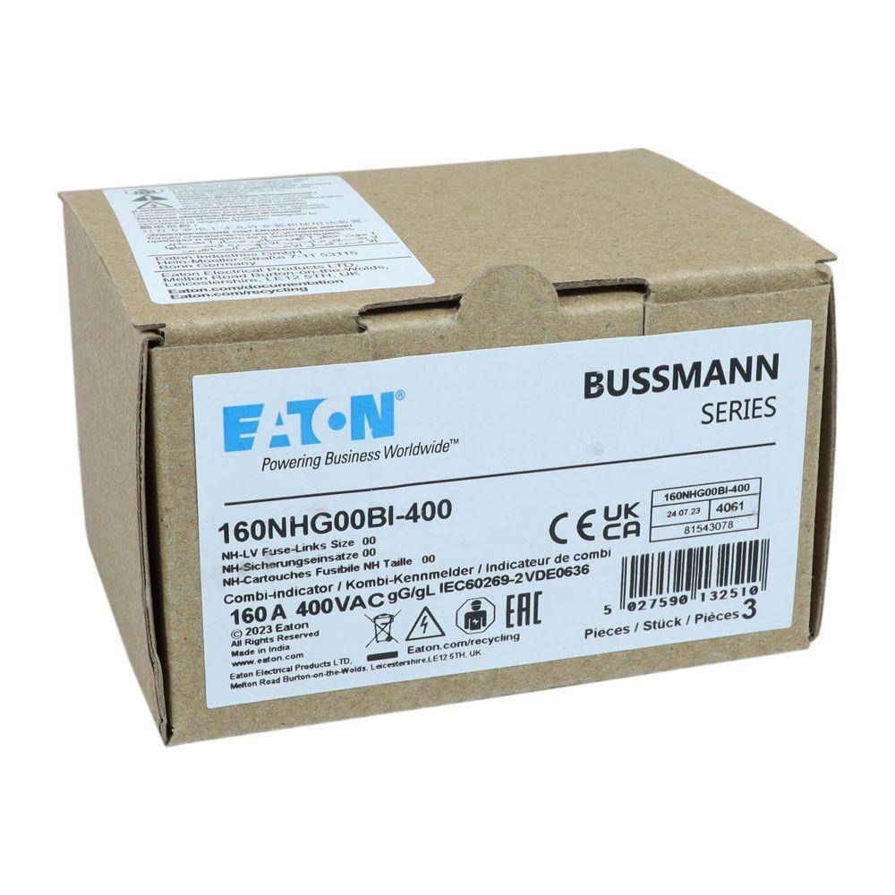 Bussmann 160NHG00BI-400 Size 00 Dual Indicator Low Voltage NH Fuse Link, 400 V, 160 A, For Use With Class C/gG/gL Fuse, Ceramic
