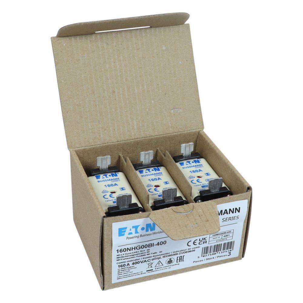 Bussmann 160NHG00BI-400 Size 00 Dual Indicator Low Voltage NH Fuse Link, 400 V, 160 A, For Use With Class C/gG/gL Fuse, Ceramic