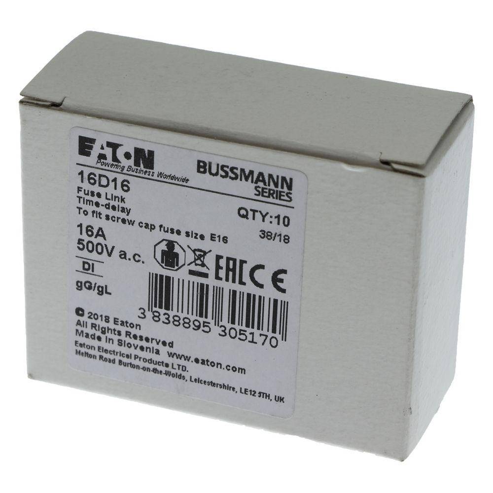 Edison 16D16 Type D Diazed Low Voltage Time Delay Time-Delay Fuse Link, 16 A, 500 VAC, 100 A Interrupt, Class: gG/gL, Round Body