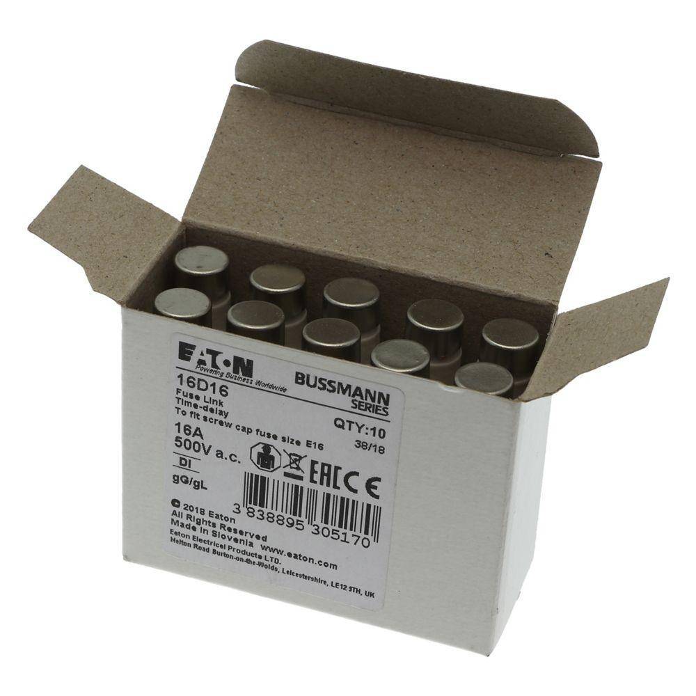 Edison 16D16 Type D Diazed Low Voltage Time Delay Time-Delay Fuse Link, 16 A, 500 VAC, 100 A Interrupt, Class: gG/gL, Round Body