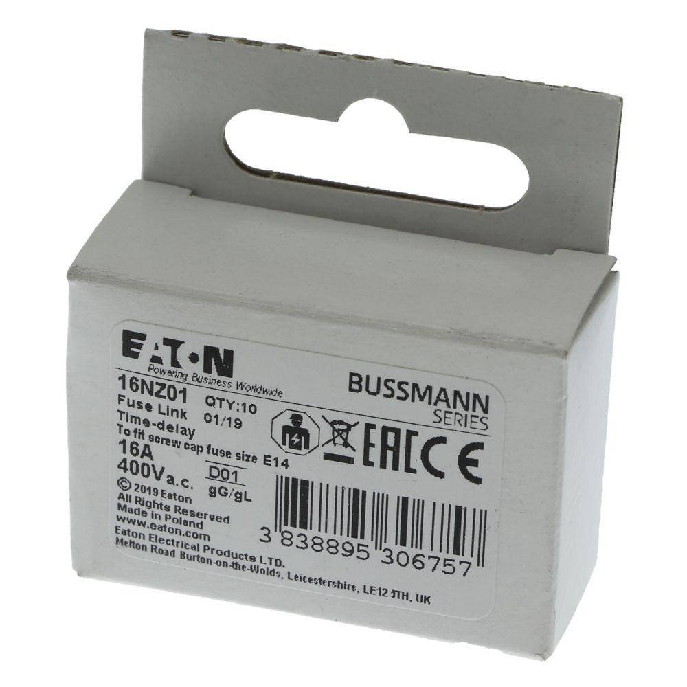 Edison 16NZ01 Type D01 Low Voltage Neozed Time Delay Fuse Link, 16 A, 400 VAC, 100 kA Interrupt, Class: gG/gL, Round Body