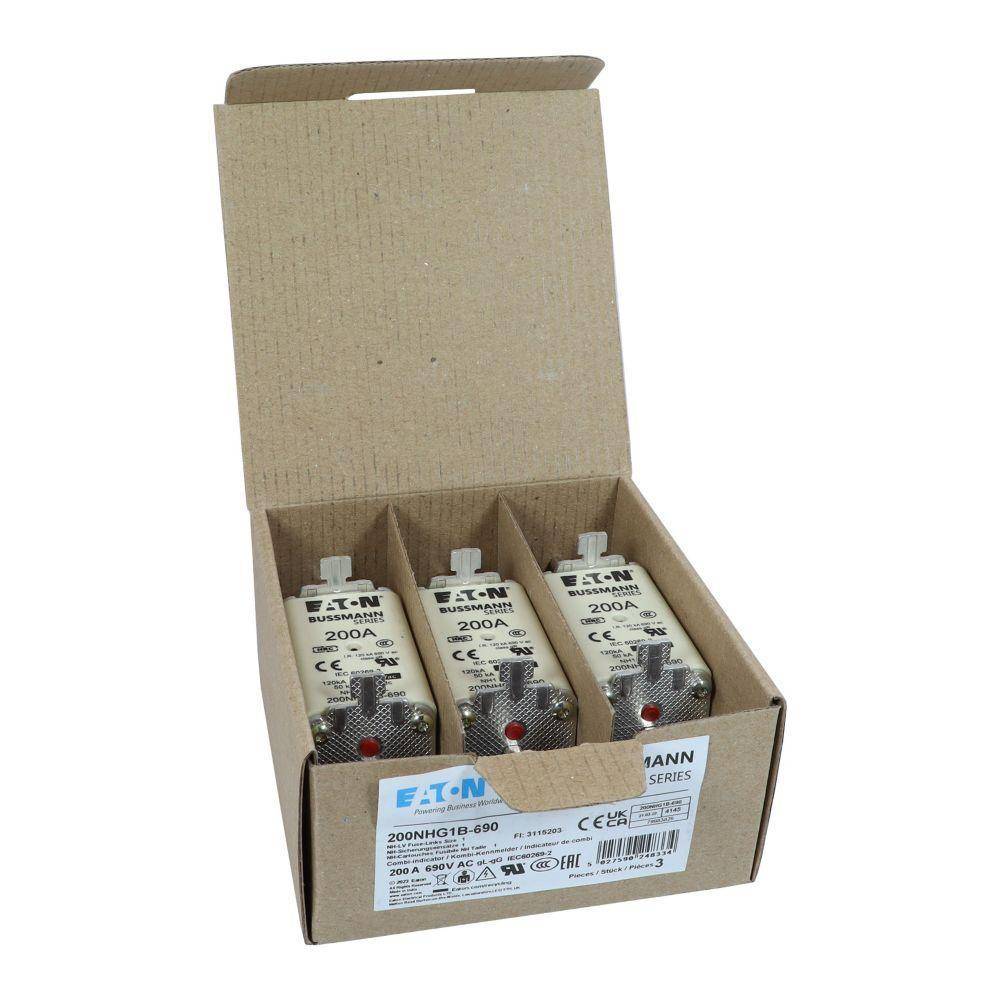 Bussmann 200NHG1B-690 Size 1 Dual Indicator Low Voltage NH Fuse Link, 690 VAC, 200 A, For Use With NH Series Photovoltaic Fuse, Class C gG/gL Fuse, Ceramic