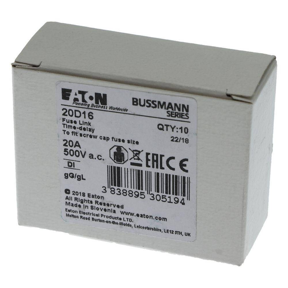 Edison 20D16 Type D Diazed Low Voltage Time Delay Time-Delay Fuse Link, 20 A, 500 VAC, 100 kA Interrupt, Class: gG/gL, Round Body