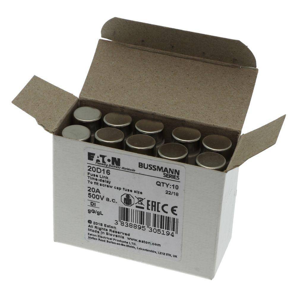 Edison 20D16 Type D Diazed Low Voltage Time Delay Time-Delay Fuse Link, 20 A, 500 VAC, 100 kA Interrupt, Class: gG/gL, Round Body