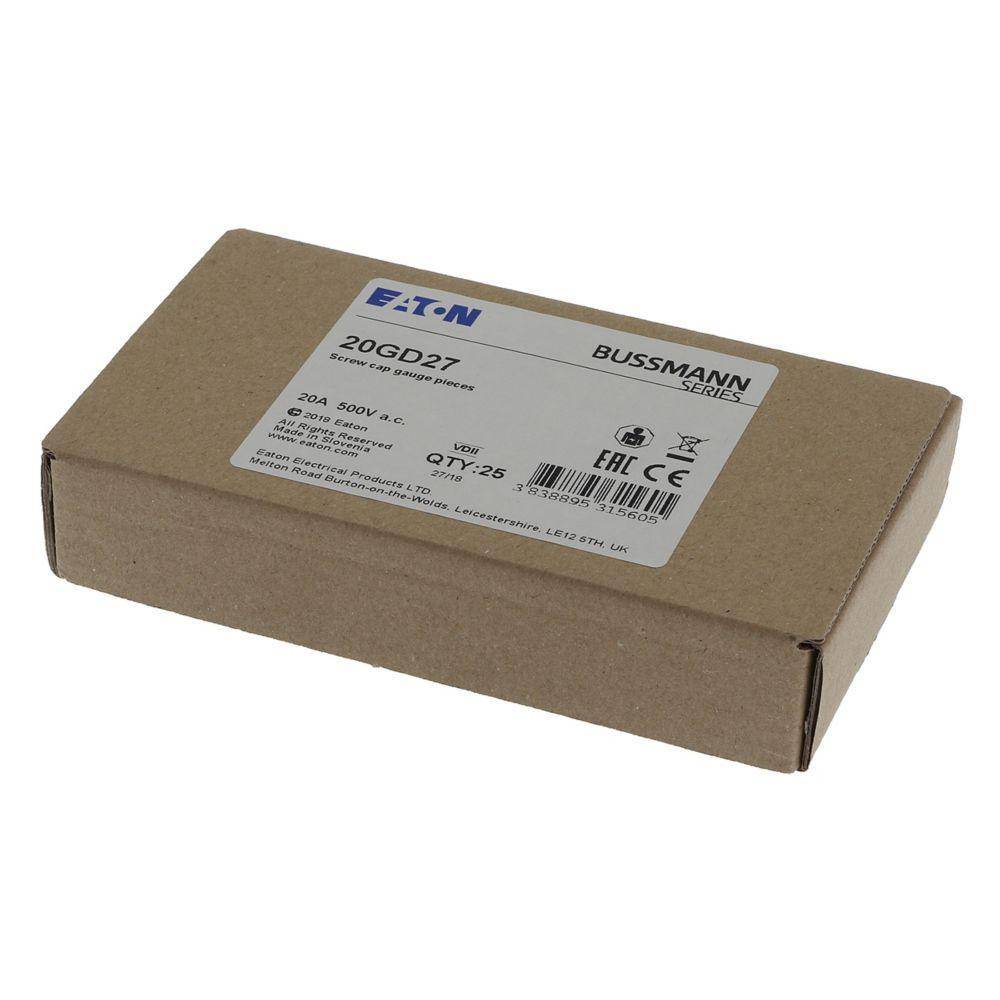 Bussmann 20GD27 Screw Cap Gauge Piece, For Use With Type DII Fuse Links, E27 Base, Non-Indicating DIN Type D Diazed Fuse, 500 V, 20 AV, Blue