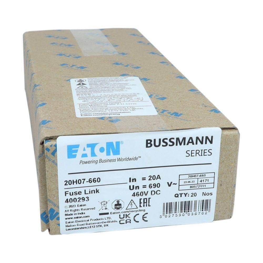 Bussmann 20H07-660 H07-660 British Standard Low Voltage HRC Fuse Link, 20 A, 690 VAC/250 VDC, 80 kA Interrupt, Class: GL/GG, Cartridge Body
