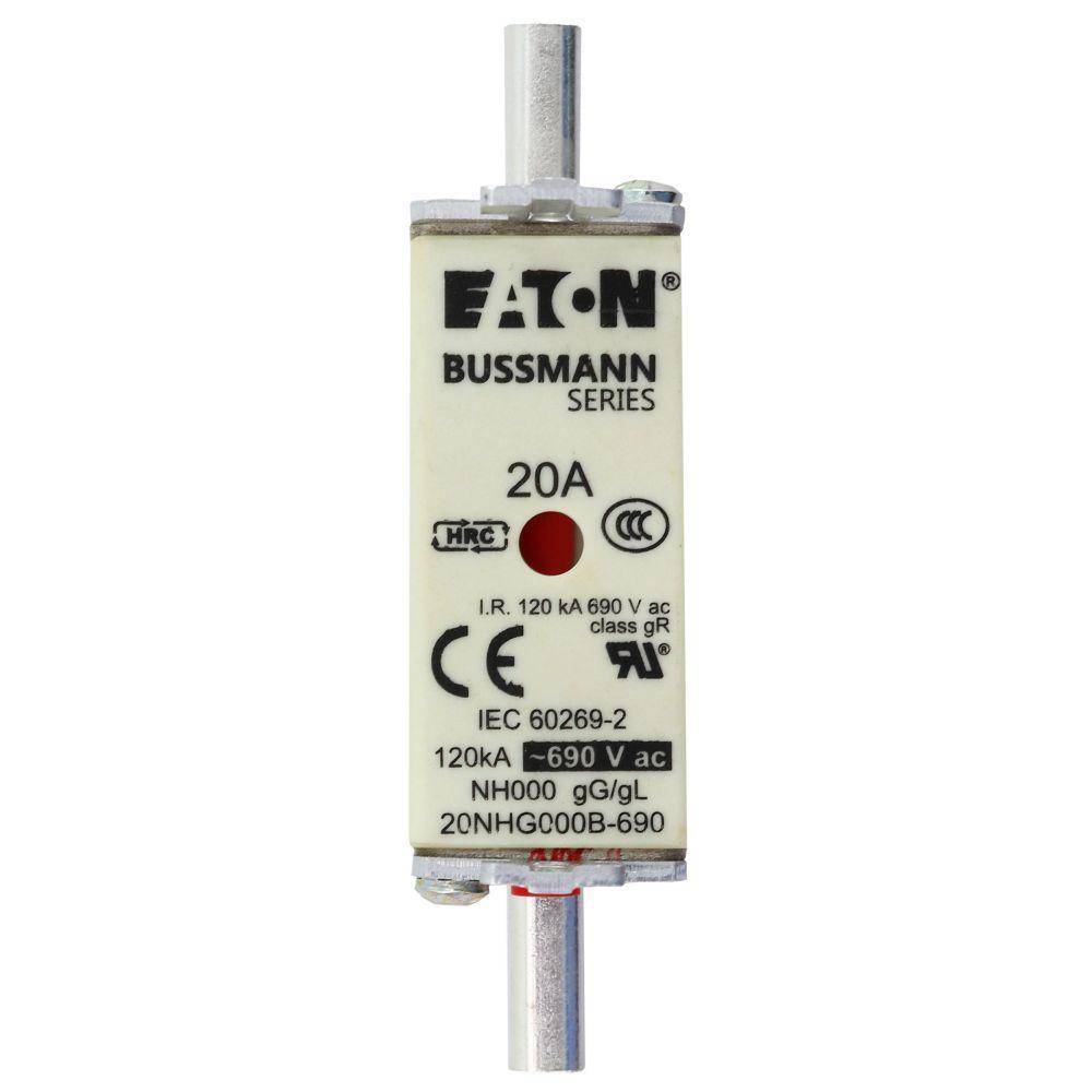 Bussmann 20NHG000B-690 Size 000 Dual Indicator Low Voltage NH Fuse Link, 690 V, 20 A, For Use With Class C gG/gL Fuse, Ceramic