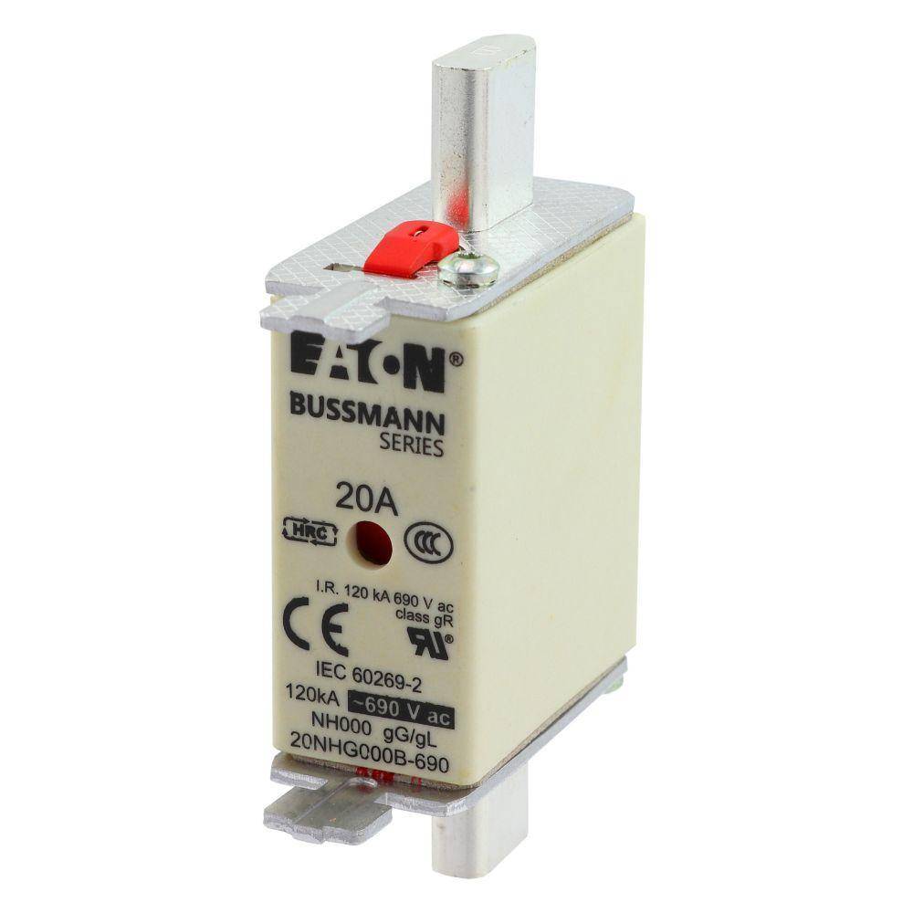Bussmann 20NHG000B-690 Size 000 Dual Indicator Low Voltage NH Fuse Link, 690 V, 20 A, For Use With Class C gG/gL Fuse, Ceramic