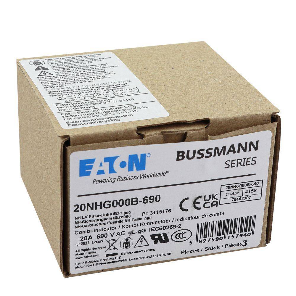 Bussmann 20NHG000B-690 Size 000 Dual Indicator Low Voltage NH Fuse Link, 690 V, 20 A, For Use With Class C gG/gL Fuse, Ceramic